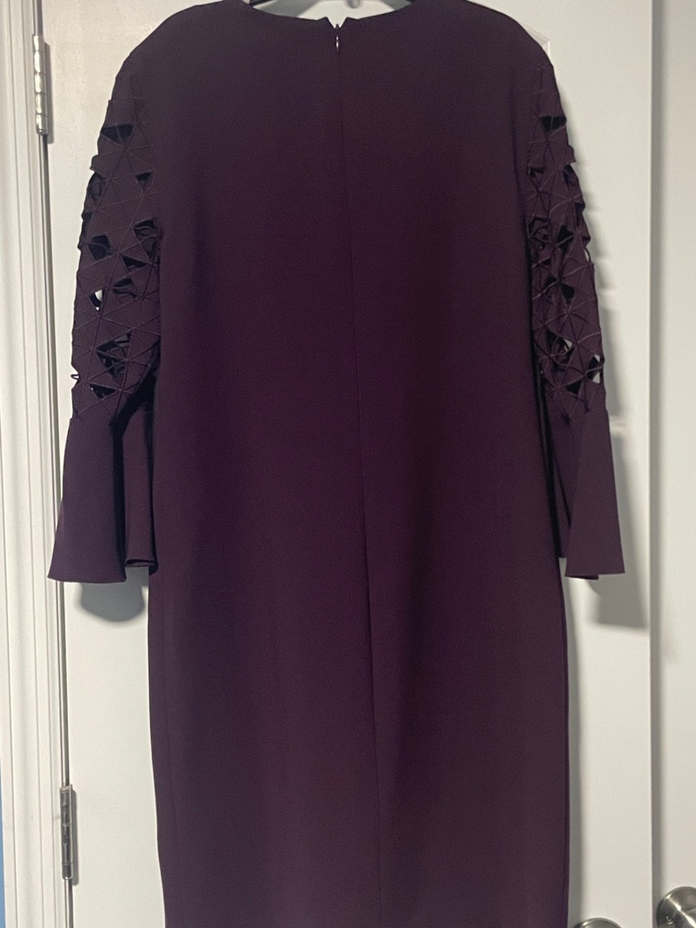 Tahari Plum Long Sleeve Shift Dress with Lattice Sleeve Detail